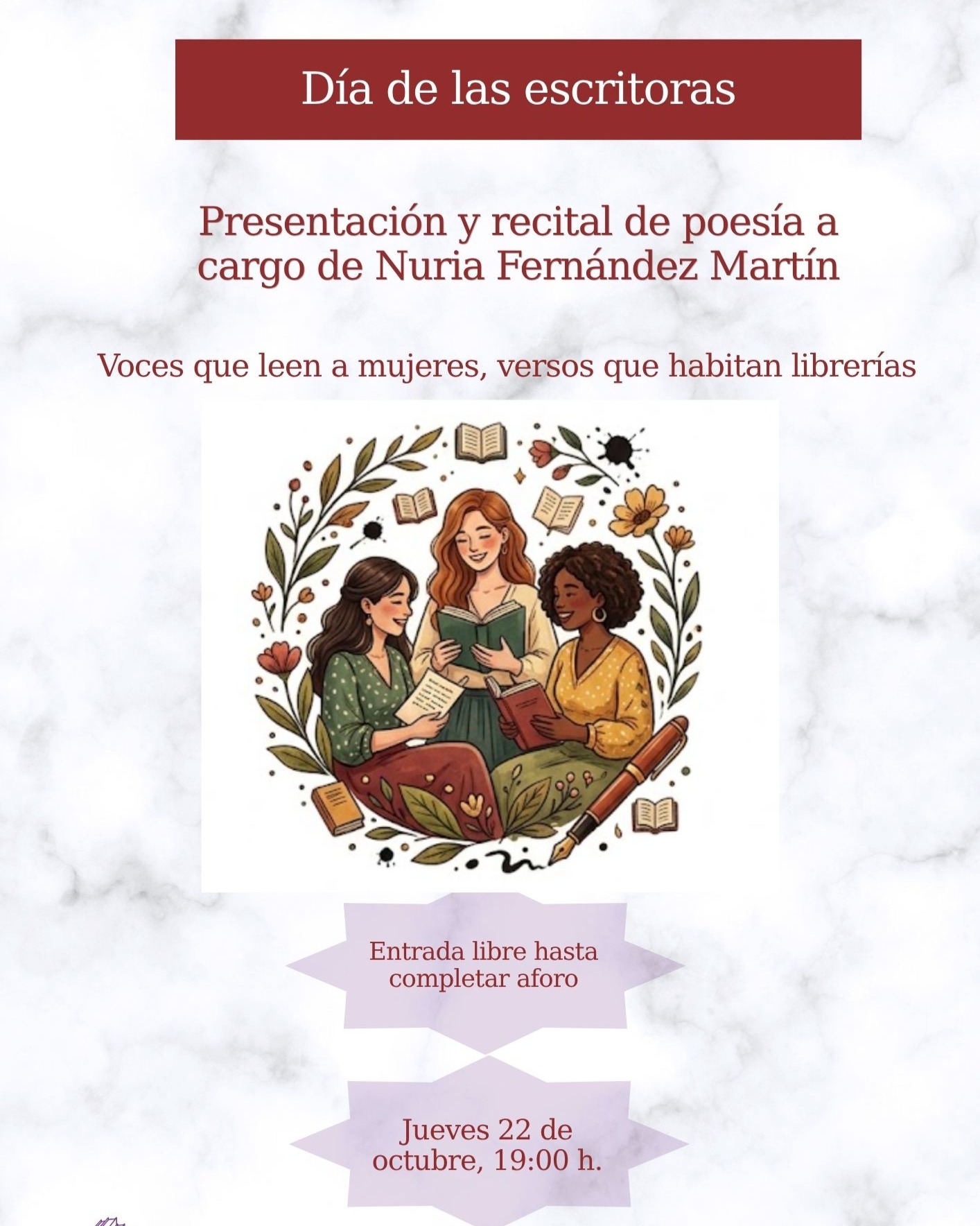 El 19 de octubre se celebra el día de las escritoras, como homenaje, esa semana tendrá lugar un recital de poesía a cargo de @nuriafdez_coach